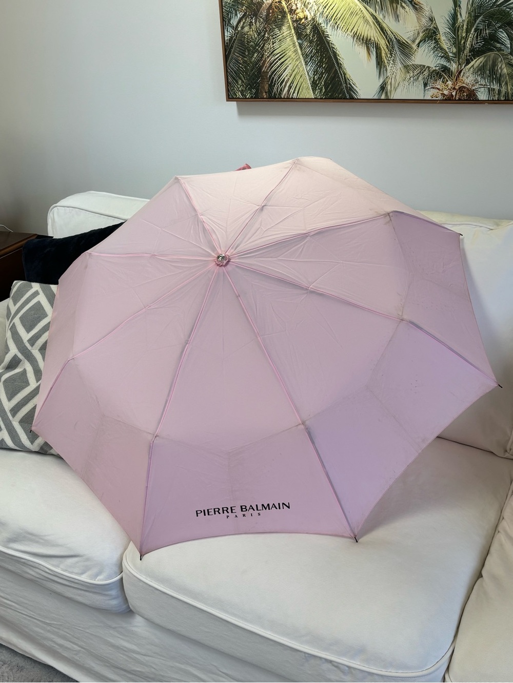 Vintage Pierre Balmain light Pink Umbrella collapsible compact black logo